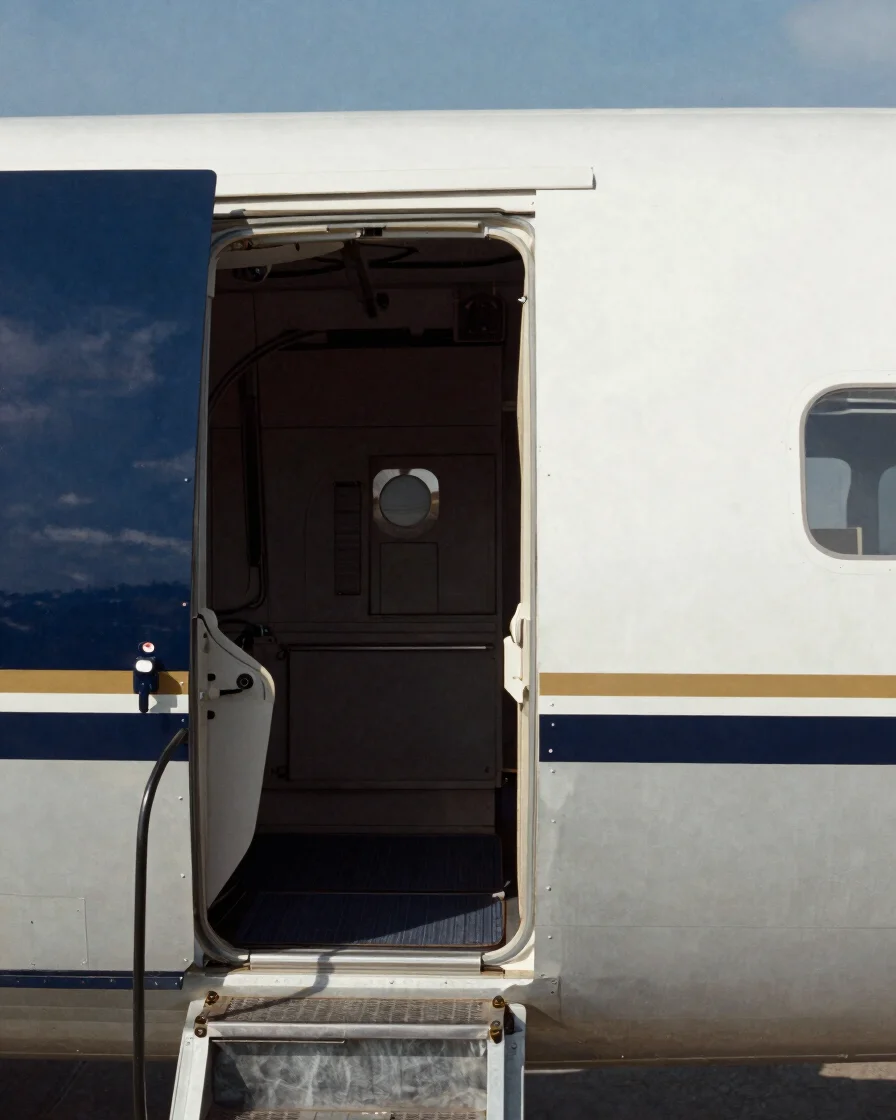 Detailed exterior view of a corporate aircraft cabin doorway and fuselage panels under clear tropical daylight, document